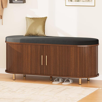 DHH 2-Tier Storage Bench, 43.3" Wide Shoe Bench with Thickened Padded Seat Cushion, Mid Century Modern Fluted Sliding Door and Adjustable Shelf, for Entryway, Living Room, Bedroom(Walnut)