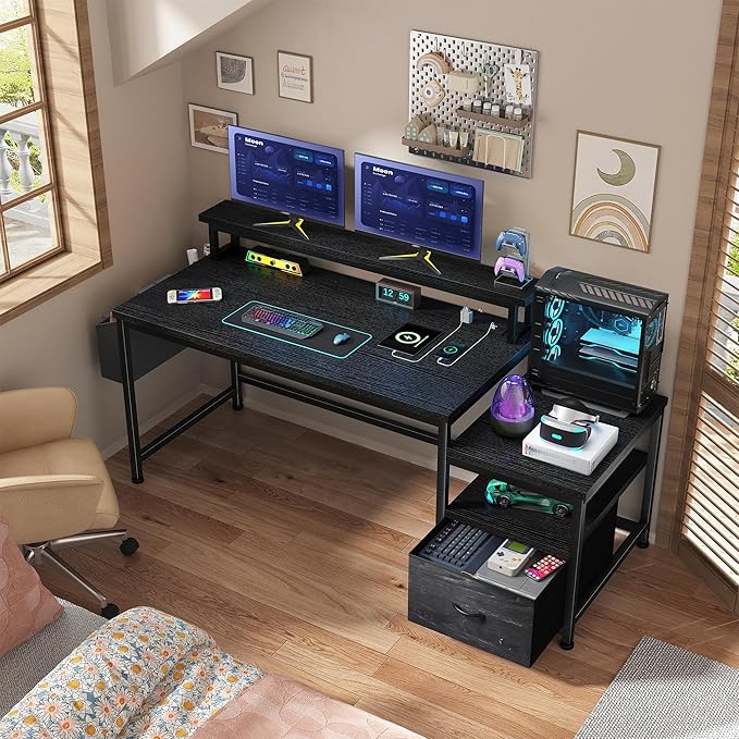 EnHomee 57" Computer Desk with Drawers and Printer Space,Office Desk with Power Outlets,Home Office Desks with File Drawers Cabinet,Study Writing and Gaming Desk with Shelves Monitor Stand,Black