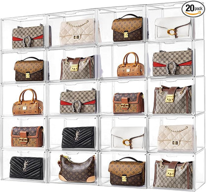 HBlife 20 Pack Purse Storage Organizer for Closet, Large Clear Stackable Handbag Display Case Box with Magnetic Door for Collectibles, Cosmetics, Women Heels and Toys