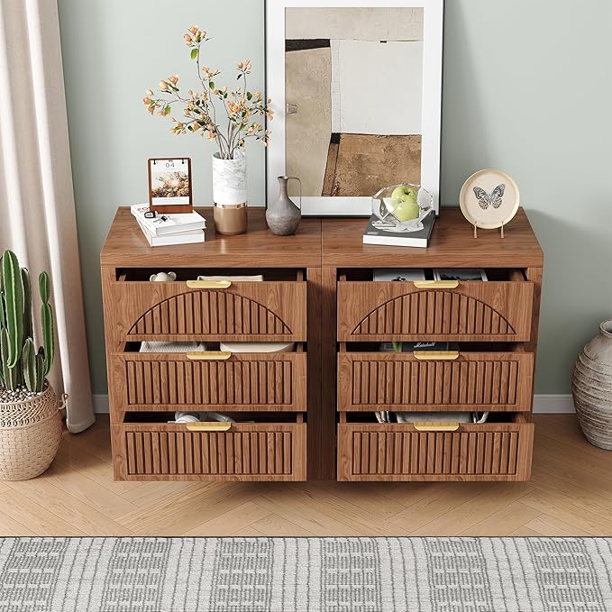 6 Drawer Dresser, Farmhouse Fluted Chest of Drawers, Wooden End Table, Mid- Century Modern Bedroom Nightstand Side Table for Bedrooms, Closets, Hallways, and Entryways, Walnut X2