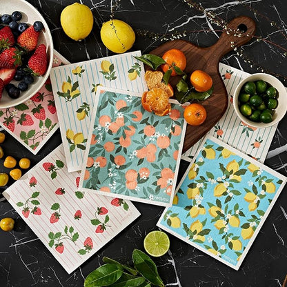RECYCO Swedish Dishcloths for Kitchen | 6 Packs Orchard Grove Washable Dish Rags | Cellulose Reusable Cleaning Paper Towels | Absorbent Counter Dish Cloth Sponge Kitchen Wipes, 8" L x 7" W