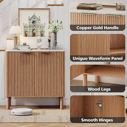 Fluted Cabinet with Storage,Metal Handle,Marble-Pattern Sideboard Buffet Cabinet,Mid Century Modern Cabinet,31.5 Inches Side Board for Dining Room Living Room Kitchen Hallway Entryway