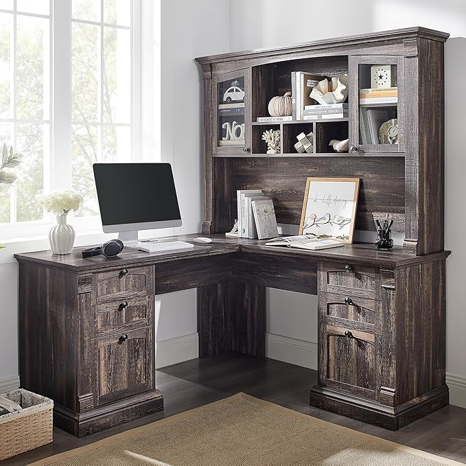 OKD 60" L Shaped Executive Desk with Hutch and Drawers, Farmhouse Home Office Desk with Charging Station, File Cabinet Storage, Wood Corner Computer Desk for Work and Study, Dark Rustic Oak