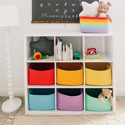 OrganiHaus Rainbow Woven Storage Baskets for Organizing, Cotton Rope Organizer Bins for Shelves, Closet & Nursery, Dog Toy Basket, Decorative Bins for Toys, Towels & Books - 15x10x9