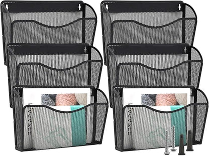 EASEPRES 6 Single Pocket Mesh Hanging File Organizer, Vertical Wall Mounted Magazine File Holder, Mount Basket Mail Paper Document Folder Organizing for Office, Home and School, Black