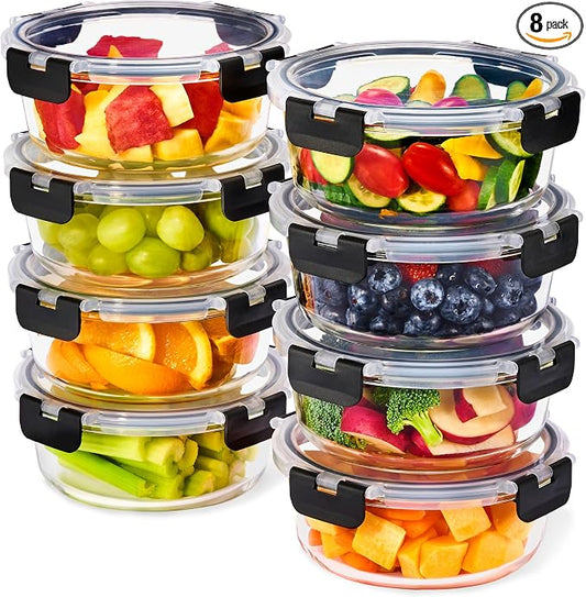 Sorbus Glass Meal Prep Containers Set – 8 Round 32oz Containers with Airtight Lids – Freezer, Dishwasher, Oven Safe – Reusable Food Storage Bowls