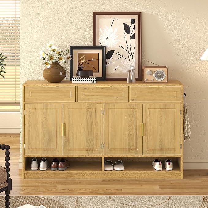 Sideboard Cabinet with 3 Drawers, 59.1" Multi-Functional Sideboard Buffet Cabinet with Storage, Buffet Table with Adjustable Shelf for Dining Room, Living Room, Entryway, Natural
