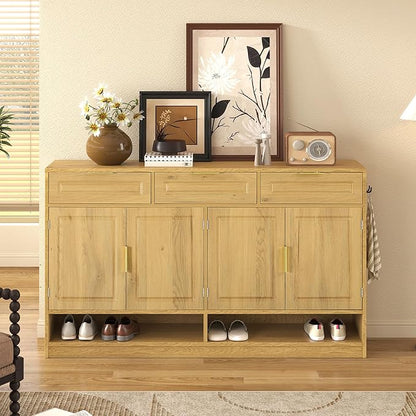 Sideboard Cabinet with 3 Drawers, 59.1" Multi-Functional Sideboard Buffet Cabinet with Storage, Buffet Table with Adjustable Shelf for Dining Room, Living Room, Entryway, Natural