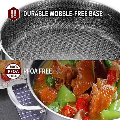 LOLYKITCH 6 QT Hybrid Tri-Ply Stainless Steel Non-Stick Sauté Pan with Lid,12 Inch Deep Frying Pan,Large Skillet,Jumbo Cooker,Induction Pan, Oven Safe and Detachable Handle.