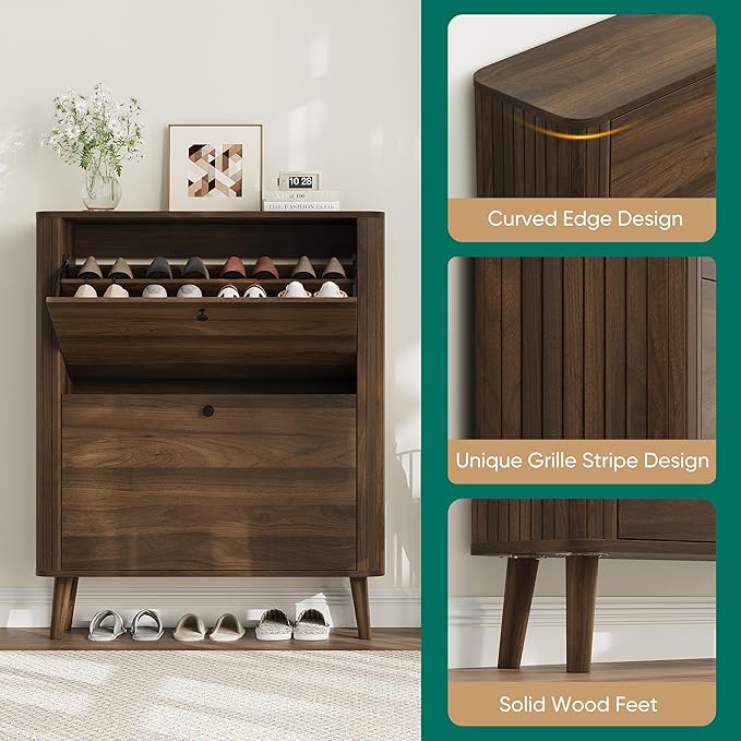 Smuxee Walnut Shoe Cabinet with 2 Flip Drawers, 31.5" Hidden Shoe Storage Cabinet with Curved Edge & Grille Stripe, Freestanding Shoe Organizer Cabinet for Entryway, Hallway, Living Room