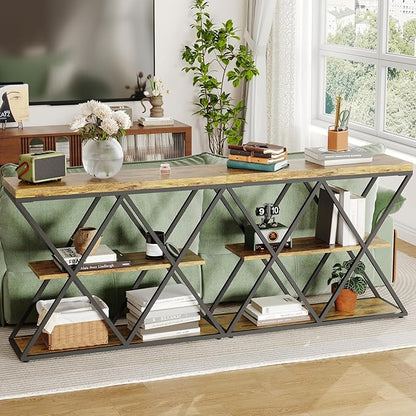 Garvee 3-Tier Entryway Table, Industrial Console Sofa Table with Storage, Accent Table with Open Shelves, X-Shaped Metal Frame, Foyer Table for Entryway, Hallway, Rustic Brown