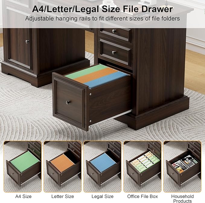 Vipbear 60" Farmhouse Executive Office Desk with Drawers and File Cabinet, Embossed Texture Wood Home Office Desk, Rustic Computer Desk, Workspace for Work Study Writing, Dark Brown