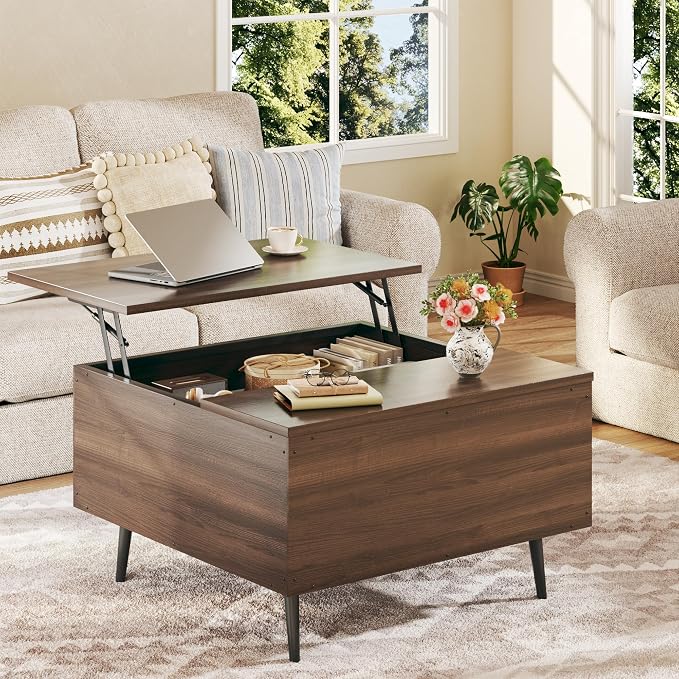 HUAHUU Lift Top Coffee Table, 31.5" Square Coffee Tables with Storage, Coffee Tables with Large Hidden Compartment, Center Table with Lifting Tabletop, Coffee Table for Living Room, Walnut