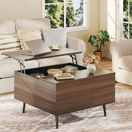 HUAHUU Lift Top Coffee Table, 31.5" Square Coffee Tables with Storage, Coffee Tables with Large Hidden Compartment, Center Table with Lifting Tabletop, Coffee Table for Living Room, Walnut