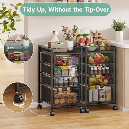 keomaisyto 5-Tier Kitchen Storage Cart with Top Basket & Drawers, Fruit and Vegetable Storage Rack on Wheels, Metal Rolling Cart with Drawers & Kitchen Organization for Snacks, Potatoes, Onions, Cans