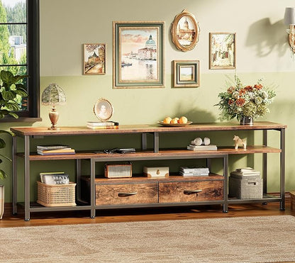 Huuger 63 Inch LED TV Stand for 65 70 Inch TV, Entertainment Center with Open Shelves and Power Outlets, TV Console for Living Room, Media Console with Drawers, Rustic Brown, 8779FC