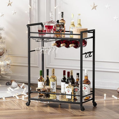 3 Tier Bar Cart, Small Beverage Cart, Mini Bar Cart with Wine Rack, Home Bar Serving Cart with Wheels for Kitchen Dining Living Room (Black, Mirrored)