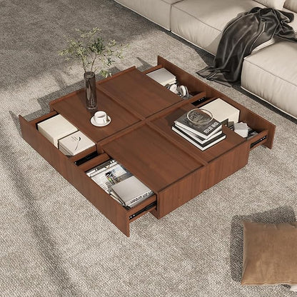 Coffee Table with Storage,Modern Center Table with 4 Hidden Drawers for Living Room,Rectangle Coffee Table for Home Furniture,Bedroom,Dark Walnut