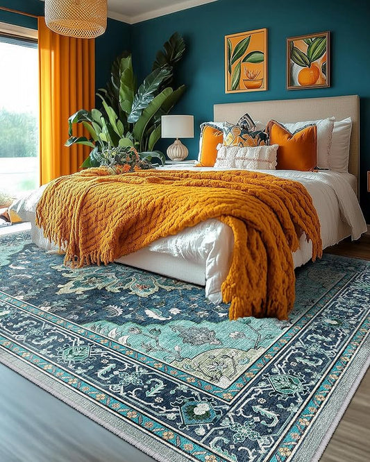 RELEANY Area Rugs Large 10'x12' Washable Non-Slip, Floral Vintage Distress Medallion Carpet for Living Room Bedroom Dining Room, Teal Green Lake Blue Turquoise