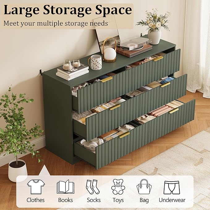 Fluted 6 Drawers Dresser for Bedroom, 55" Wide Wood Dressers Chest of Drawers with Metal Handle, Modern Dresser TV Stand Storage Organizer for Living Room, Entryway, Green