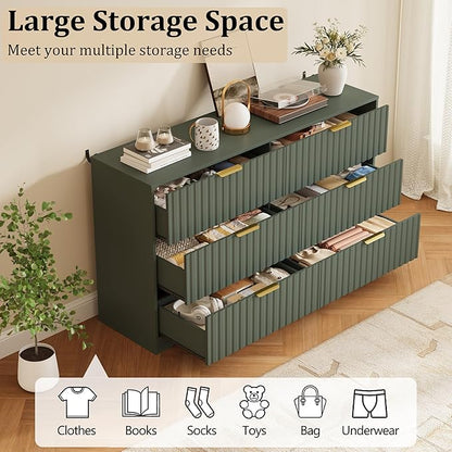 Fluted 6 Drawers Dresser for Bedroom, 55" Wide Wood Dressers Chest of Drawers with Metal Handle, Modern Dresser TV Stand Storage Organizer for Living Room, Entryway, Green