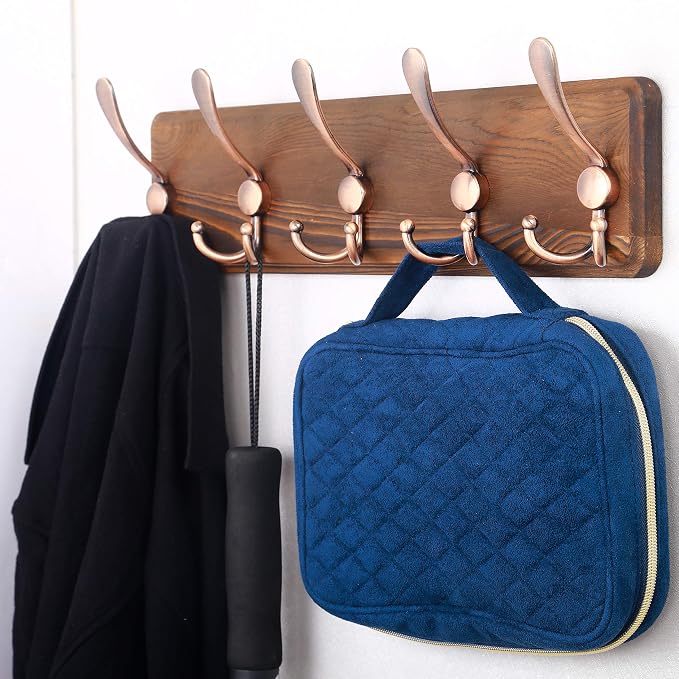 SKOLOO Rustic Pine Wood Wall Coat Rack with 5 Triple Hooks, 16" Stud Spacing, Farmhouse Wall Mounted Coat Rack for Hanging Backpack, Jacket, Hat