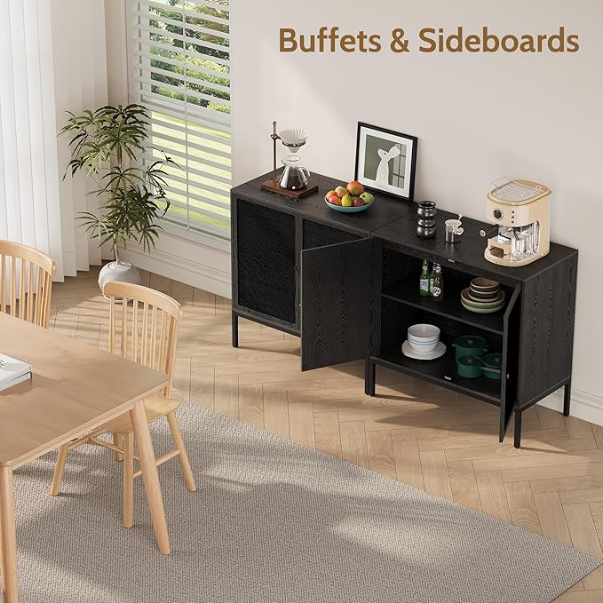 Yechen Full Black Rattan Cabinet, Farmhouse Sideboard Cabinet with Natural Rattan Decorated Doors, Accent Cane Credenza Buffet Console Storage, for Living Room Entryway Kitchen, Metal Legs