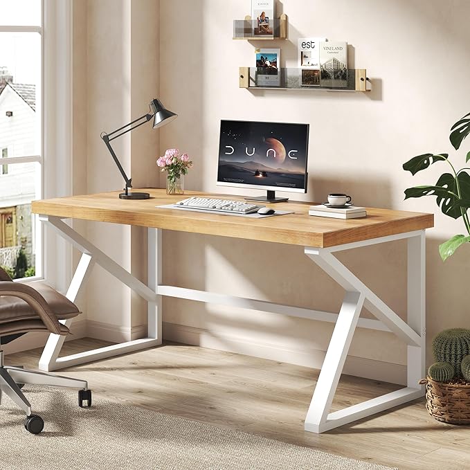 IBF 47”Solid Real Wood Desk, Minimalist Natural Wood Computer Desk, Rustic Desk for Home Office Writing Study, Vintage Industrial Wooden PC Gaming Workstation Computer Table, Natrual Oak