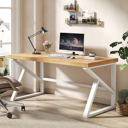 IBF 47”Solid Real Wood Desk, Minimalist Natural Wood Computer Desk, Rustic Desk for Home Office Writing Study, Vintage Industrial Wooden PC Gaming Workstation Computer Table, Natrual Oak