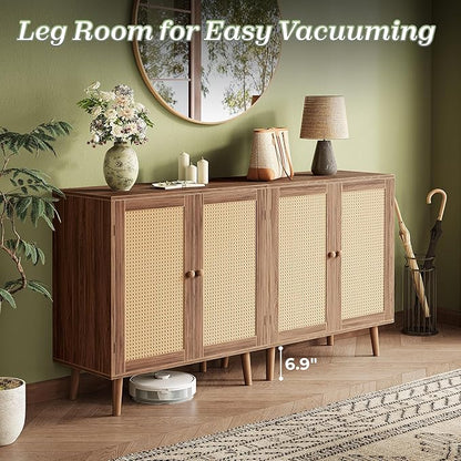 Huuger Buffet Cabinet with Storage, Storage Cabinet with Synthetic Rattan Decor Doors, Accent with Solid Wood Feet, Sideboard for Hallway, Entry, Living Room, Walnut