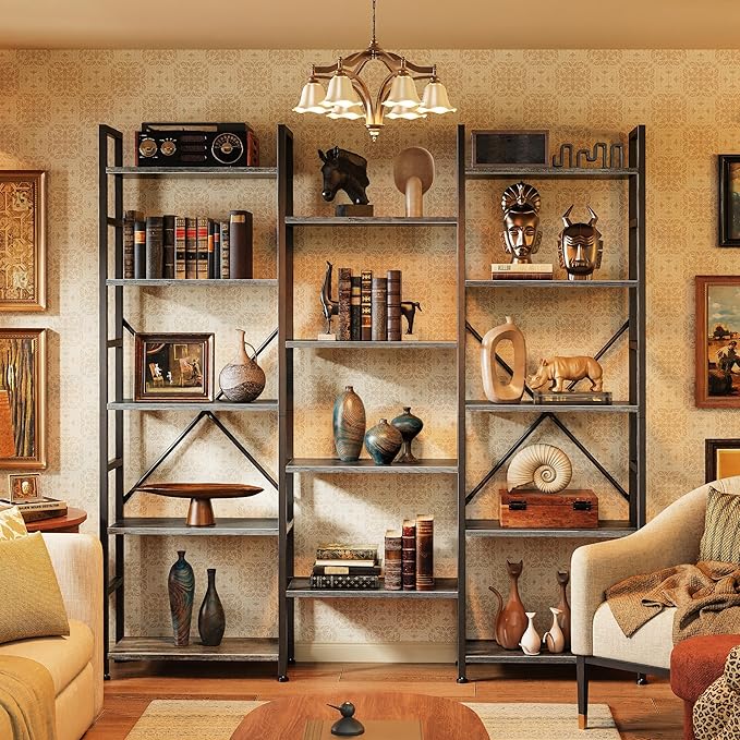 SUPERJARE Triple Bookshelf, Bookcase with 11 Open Display Shelves, Wide Book Shelf Book Case for Home & Office, 5 Tier, Grey