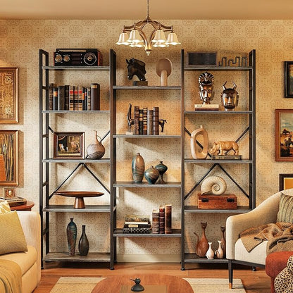 SUPERJARE Triple Bookshelf, Bookcase with 11 Open Display Shelves, Wide Book Shelf Book Case for Home & Office, 5 Tier, Grey