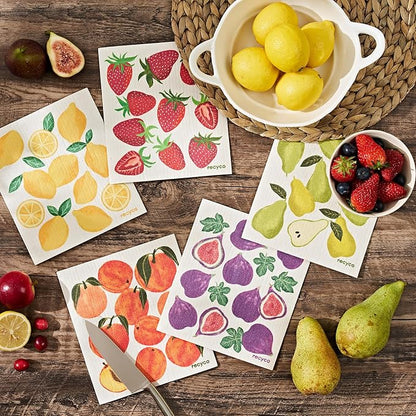 RECYCO Swedish Dishcloths for Kitchen | 5 Pack Fruit Grove Washable Dish Rags | Cellulose Reusable Cleaning Paper Towels | Absorbent Counter Dish Cloth Sponge Kitchen Wipes, 8" L x 7" W