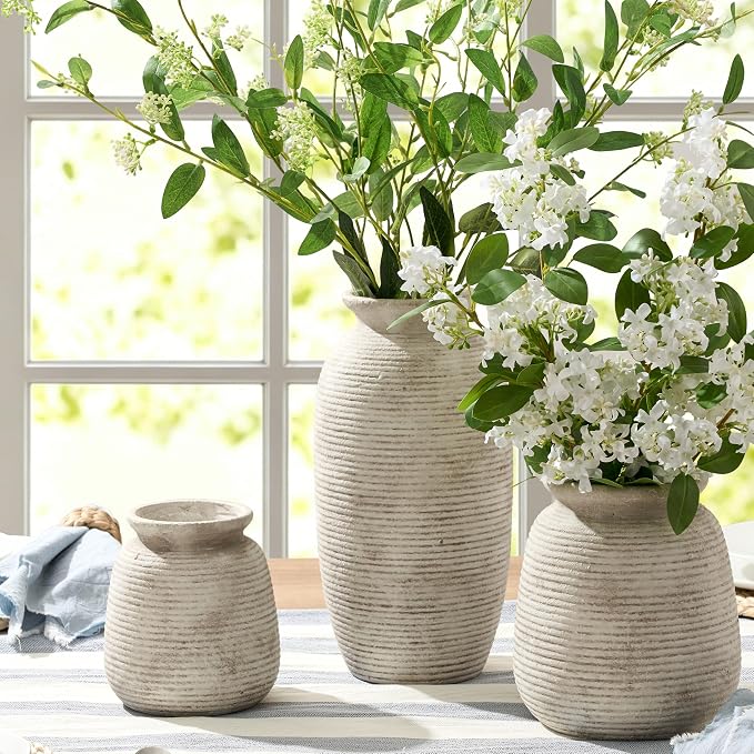 Ceramic Flower Vase, Rustic Farmhouse Decorative Vase Pottery Wide-Mouth Vases for Home Decor Table Entryway Mantel Bookshelf Living Room Bedroom Bathroom Kitchen - 7.48" D