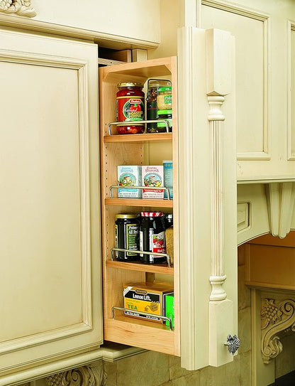 Rev-A-Shelf 6"W x 33"H Pull Out Quad Shelf Organizer for Wall & Base Kitchen Cabinets, Full Extension Filler Spice Rack, Adjustable, Wood, 432-WF33-6C