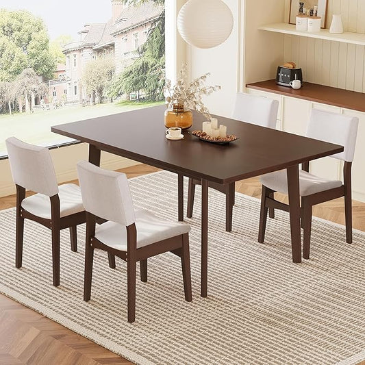 5-Piece Dining Set Modern Dinner Table Set for 4, Wood Dining Table with 4 Upholstered Chairs, 60" Rectangular Table with Stackable Chairs Padded Seat Backrest for Dining Room Kitchen Apartment,Walnut