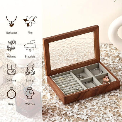 Wooden Jewelry Box for Women, Medium Size Natural Solid Walnut Wood Vintage Trinket Organizer with Large Storage, Ring Compartments, Built in Necklace Hooks, Glass Lid, ek06-m-walnut