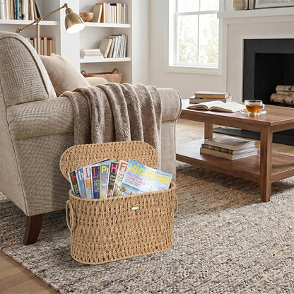 efluky Toilet Paper Storage Basket, Paper Rope Slim Toilet Paper Holder with Lid- Holds Up to 9 Mega Rolls, Home Bathroom Decor Organizer