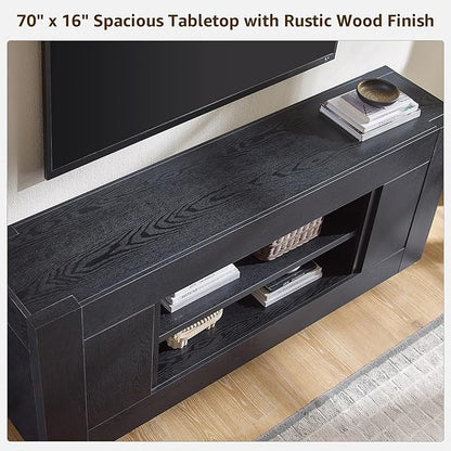 OKD Modern 70" TV Stand, Entertainment Center for TVs Up to 80", Media Console with Large Open Storage & Side Cabinets, Thick Wood Design for Living Room, Black Oak