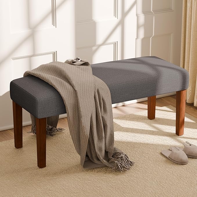 44" Bedroom Bench, Fabric End of Bed Bench, Entryway Benches, Upholstered Ottoman Bench with Wood Legs for Kitchen, Indoor, Living Room and Hallway (Brown)