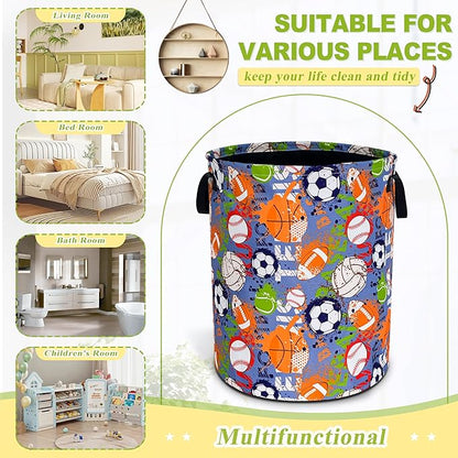 Balls Laundry Basket Funny Ball Sports Foldable Waterproof Oxford Cloth Tote Bag Laundry Hamper Round Large Clothes Storage Bucket Toy Organizer For Bathroom/Laundry Storage/Bedroom 18.9x16.5 Inch