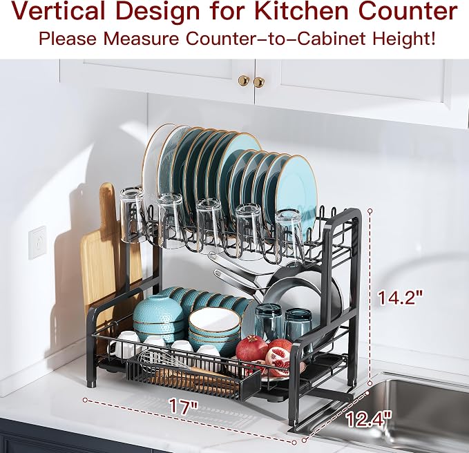 BOOSINY 2 Tier Black Dish Drainer Drying Rack and Drainboard Set, Large Stainless Steel Dish Dryer for Kitchen Counter Space Saving, Big Rustproof Metal Plate Strainer with Utensil Holder & Cup Holder