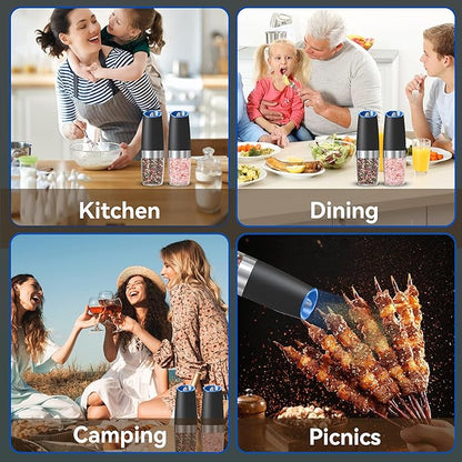 UNNEES Battery Operated Gravity Electric Salt and Pepper Grinder Set, Automatic Salt and Pepper Grinder Set, Adjustable Roughness,12 Batteries Required, LED Light, 2 Pack, (Black)