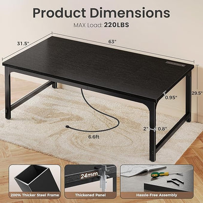 Huuger 63 x 31.5 inch Desk with Power Outlets & USB-C, 0.95 Inch Thicker Desktop, Robust Metal Tubes, Deep Computer Desk, Heavy Duty Office Work Desk, for Home Office, Black