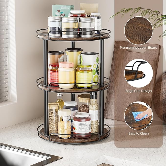 LAMU 10'' Wood Lazy Susan Turntable Organizer for Cabinet, 3 Tier Lazy Susan Spice Rack Organizer for Kitchen, Wood Turntable for Table Top, Countertop, Pantry, Bathroom