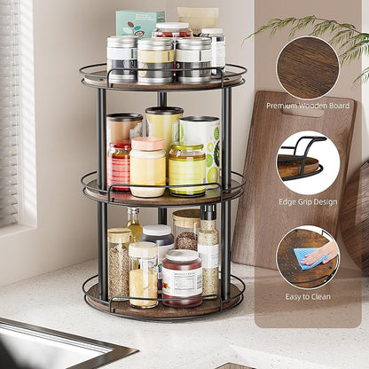 LAMU 12'' Wood Lazy Susan Turntable Organizer for Cabinet, 3 Tier Lazy Susan Spice Rack Organizer for Kitchen, Wood Turntable for Table Top, Countertop, Pantry, Bathroom