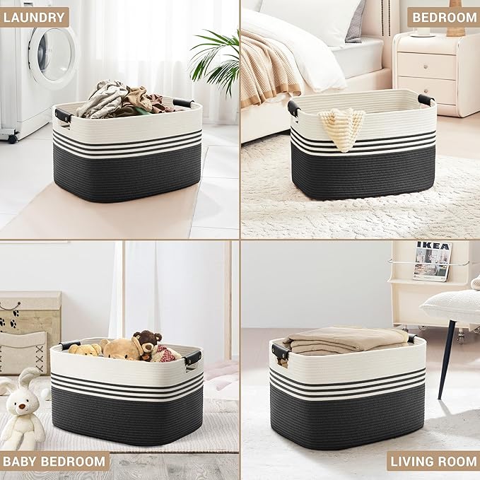 SunNewt 86L Extra Large Laundry Basket with Leather Handles for Living Room Storage, Woven Rope Baskets for Blanket, Kids Toy, Gifts, Wicker Hamper for Bedroom Dirty Clothes, 24"x16"x14" White Black