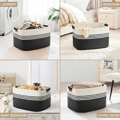 SunNewt 86L Extra Large Laundry Basket with Leather Handles for Living Room Storage, Woven Rope Baskets for Blanket, Kids Toy, Gifts, Wicker Hamper for Bedroom Dirty Clothes, 24"x16"x14" White Black