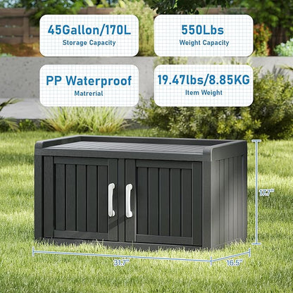 2-Tier Storage Bench, Waterproof UV-Resistant Outdoor Shoe Storage Cabinet with 2 Doors & Adjustable Shelves for Indoor Outdoor Entryway, Hallway, Living Room (Black)
