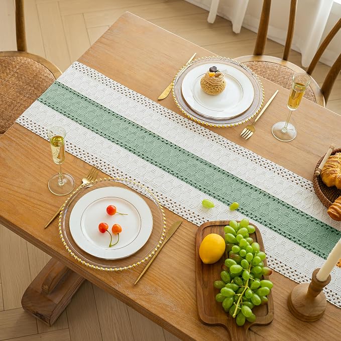 FEXIA Sage Green Table Runner 60 Inches Long with Tassels Boho for Summer Home Decor Rustic Macrame Farmhouse Table Cover for Wedding Party Bohemian Bridal Shower Dining Decorations(12x60 Inches)
